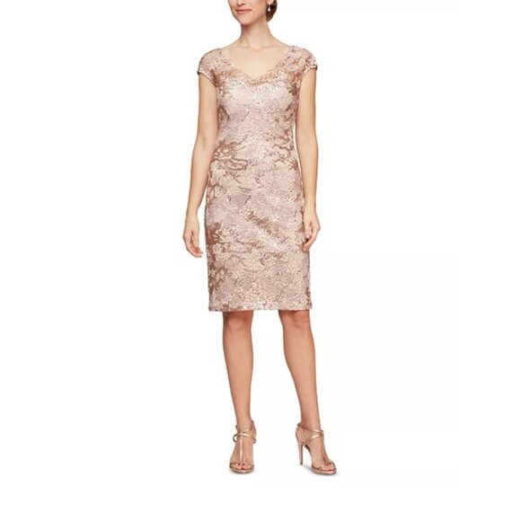 Alex Evenings Dresses & Skirts - Alex Evenings Womens Rose Gold Lace & Sequin Cap Sleeve Sheath Dress Size 6